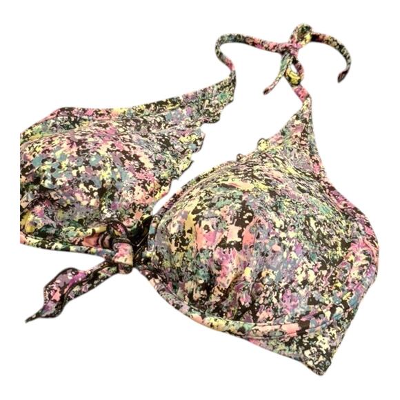 Victoria's Secret Size 34DD Underwire Pink Blue Sparkle Ruffled Halter Swim Top - Picture 1 of 9